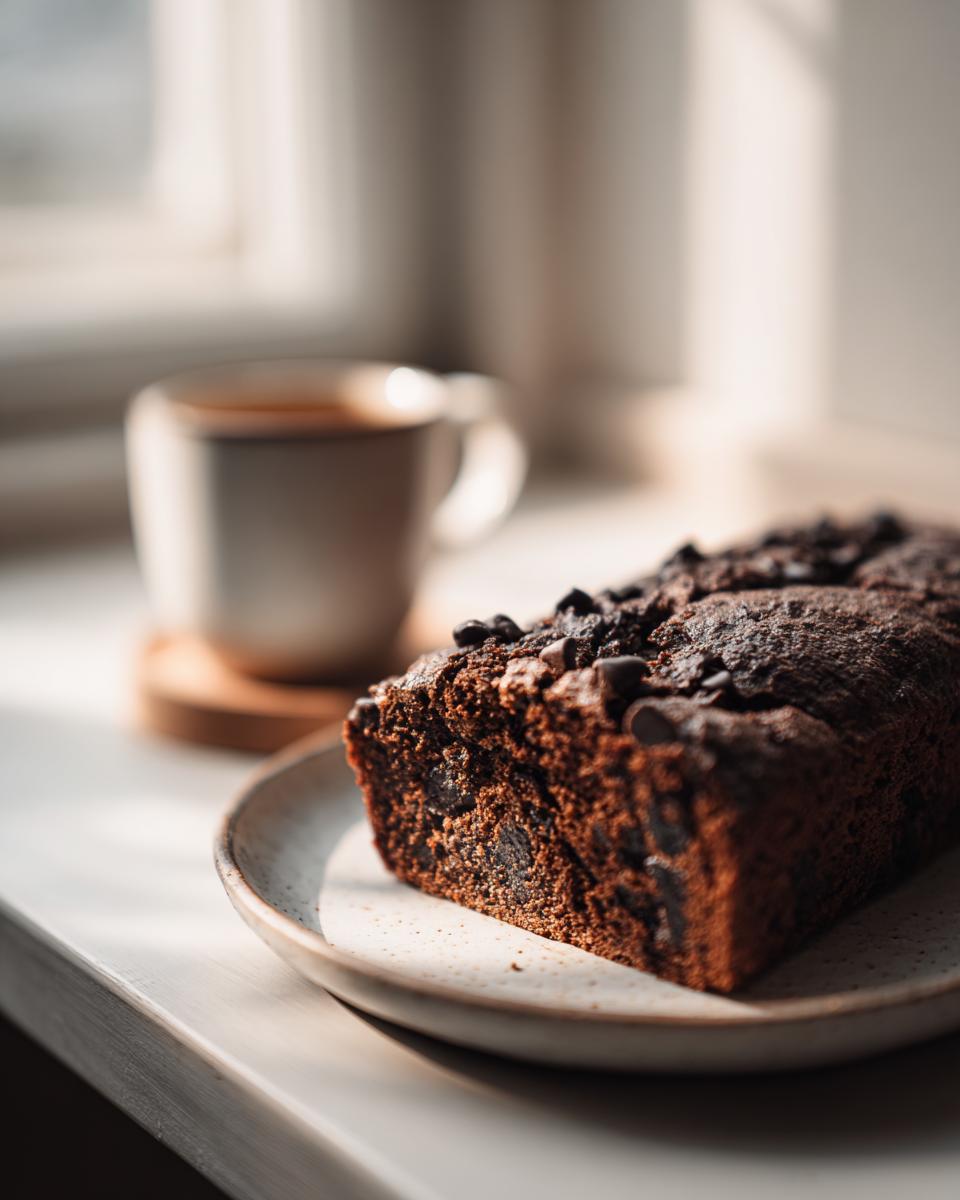 A thick slice of moist chocolate bread topped with chocolate chips sits on a plate next to a cup of coffee.