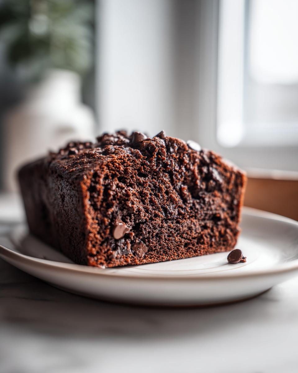 Close-up of a moist slice of dark chocolate bread topped with chocolate chips on a white plate.