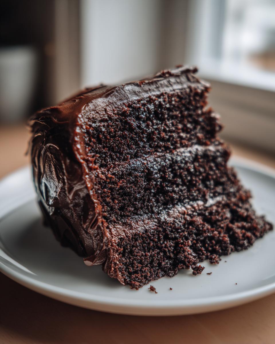 Close-up of a decadent slice of three-layer chocolate fudge cake covered in glossy dark chocolate frosting.