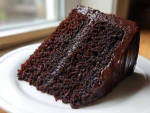 Close-up of a rich, dark slice of chocolate fudge cake with thick, glossy chocolate frosting on a white plate.