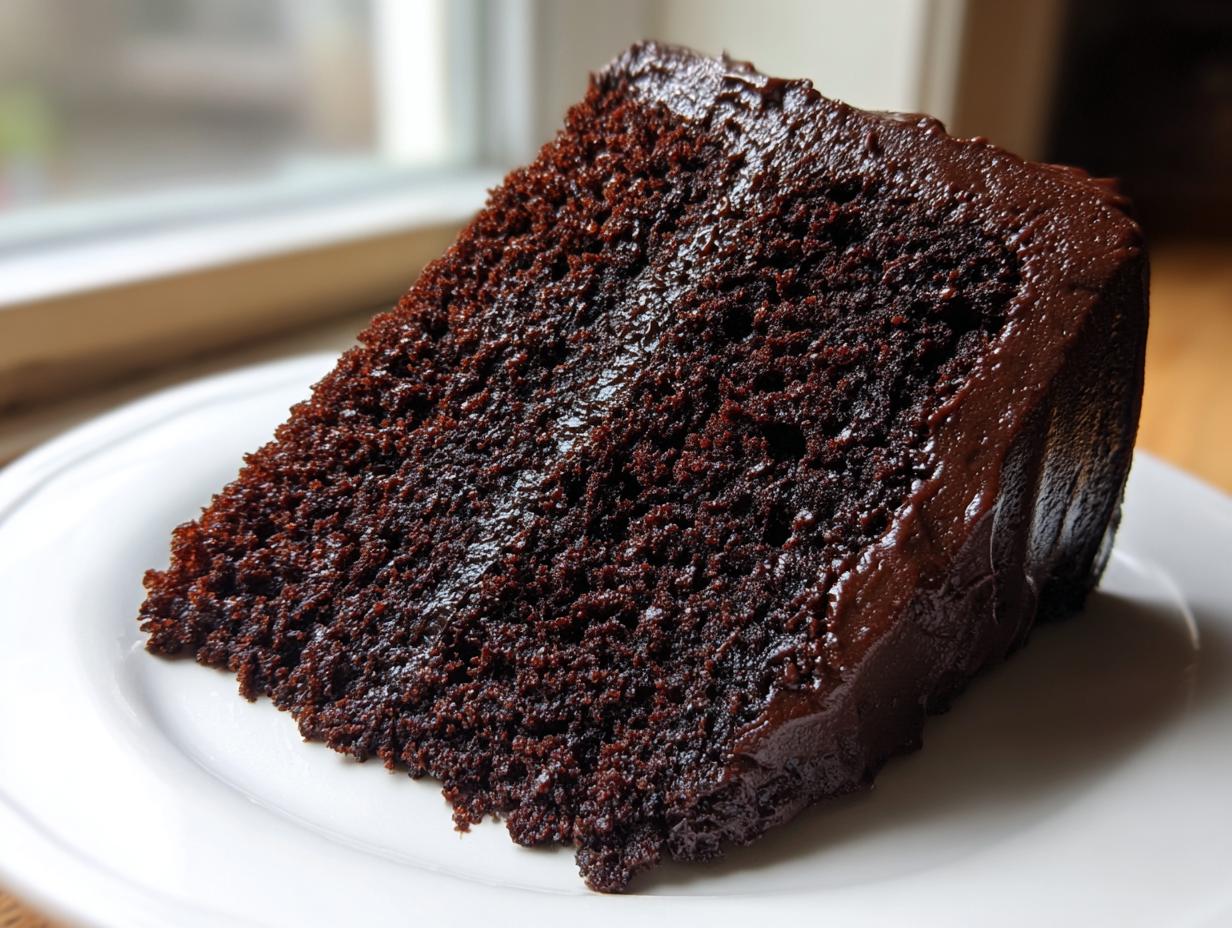 Close-up of a rich, dark slice of chocolate fudge cake with thick, glossy chocolate frosting on a white plate.