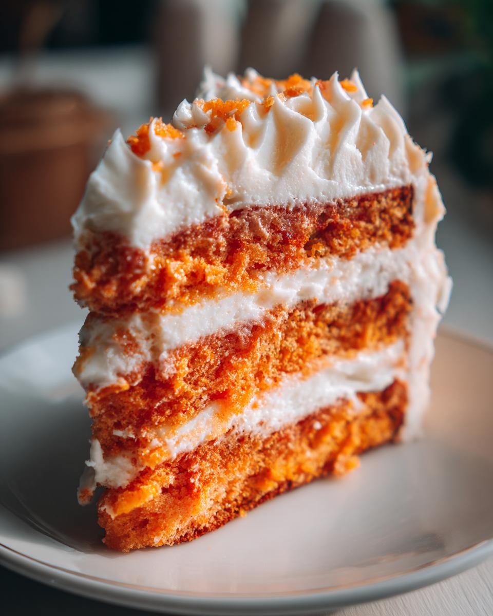 Close-up of a moist slice of Creamsicle Cake showing three layers of orange cake and white frosting.