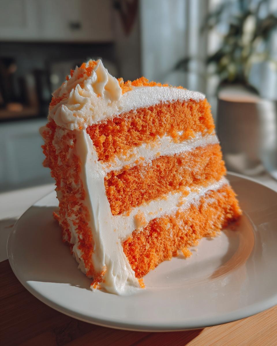 A tall, moist slice of three-layer Creamsicle Cake with bright orange sponge and white cream cheese frosting.