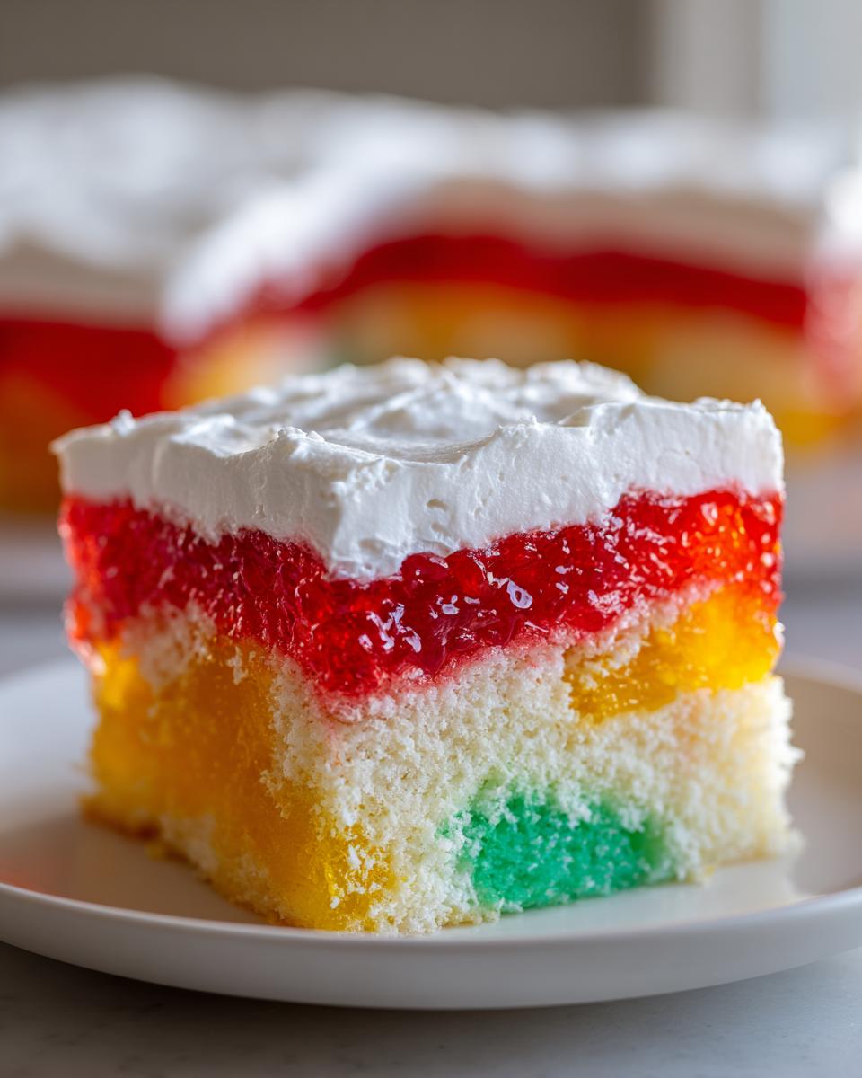 Close-up of a slice of rainbow jello poke cake showing layers of white cake, colorful jello, and whipped topping.