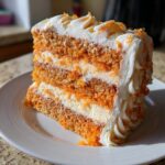 Close-up of a moist, layered slice of Creamsicle Cake with bright orange cake layers and white frosting.