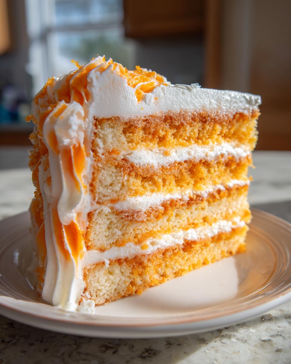 A tall, moist slice of Creamsicle Cake showing alternating layers of orange-tinted sponge and white frosting.