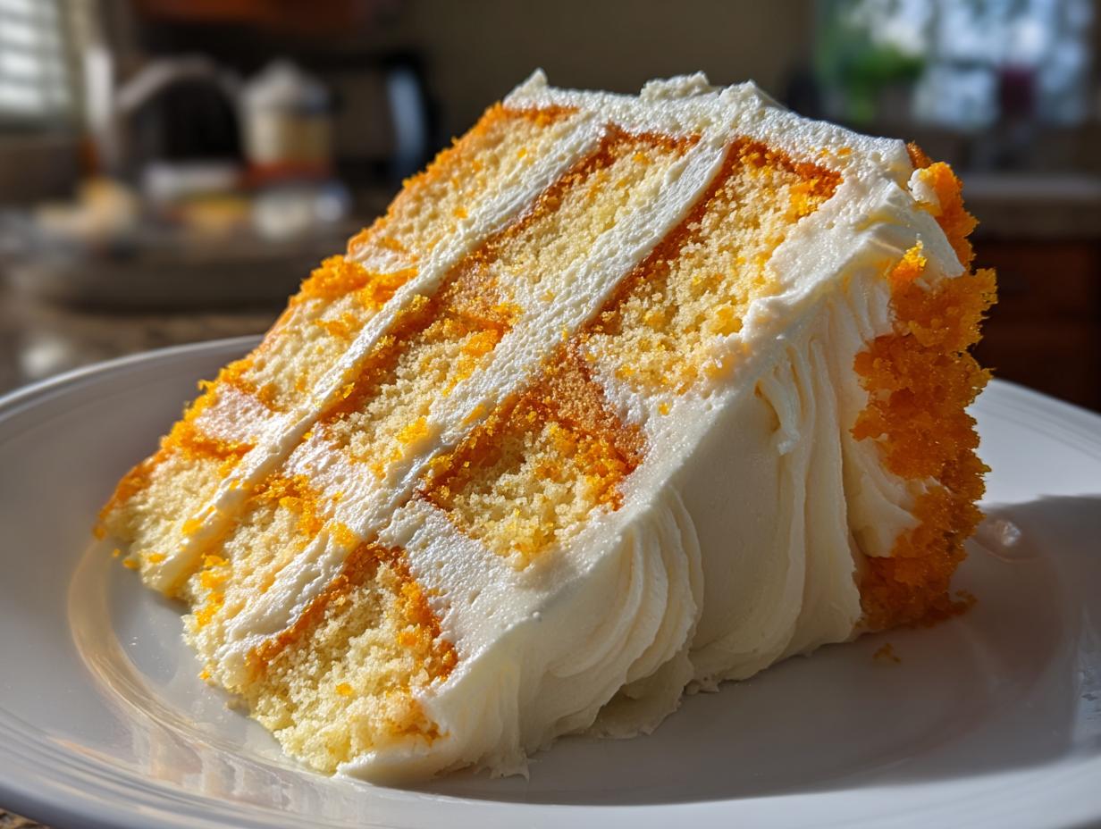 A tall, moist slice of Creamsicle Cake showing three layers of orange-flecked cake and white frosting, garnished with orange sprinkles.