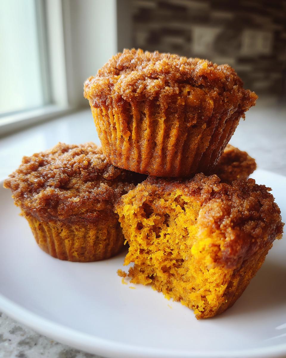 A stack of three moist sweet potato muffins, one broken open to show the bright orange interior and crumb topping.