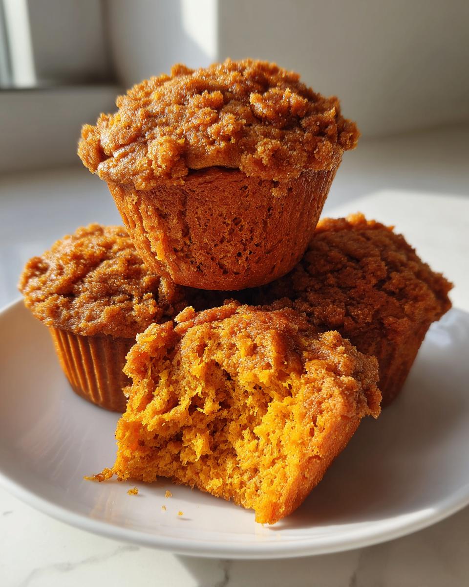Three delicious sweet potato muffins stacked on a white plate, one broken open to show the moist interior.