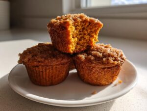 Three homemade sweet potato muffins stacked on a white plate, one broken open to show the moist interior.