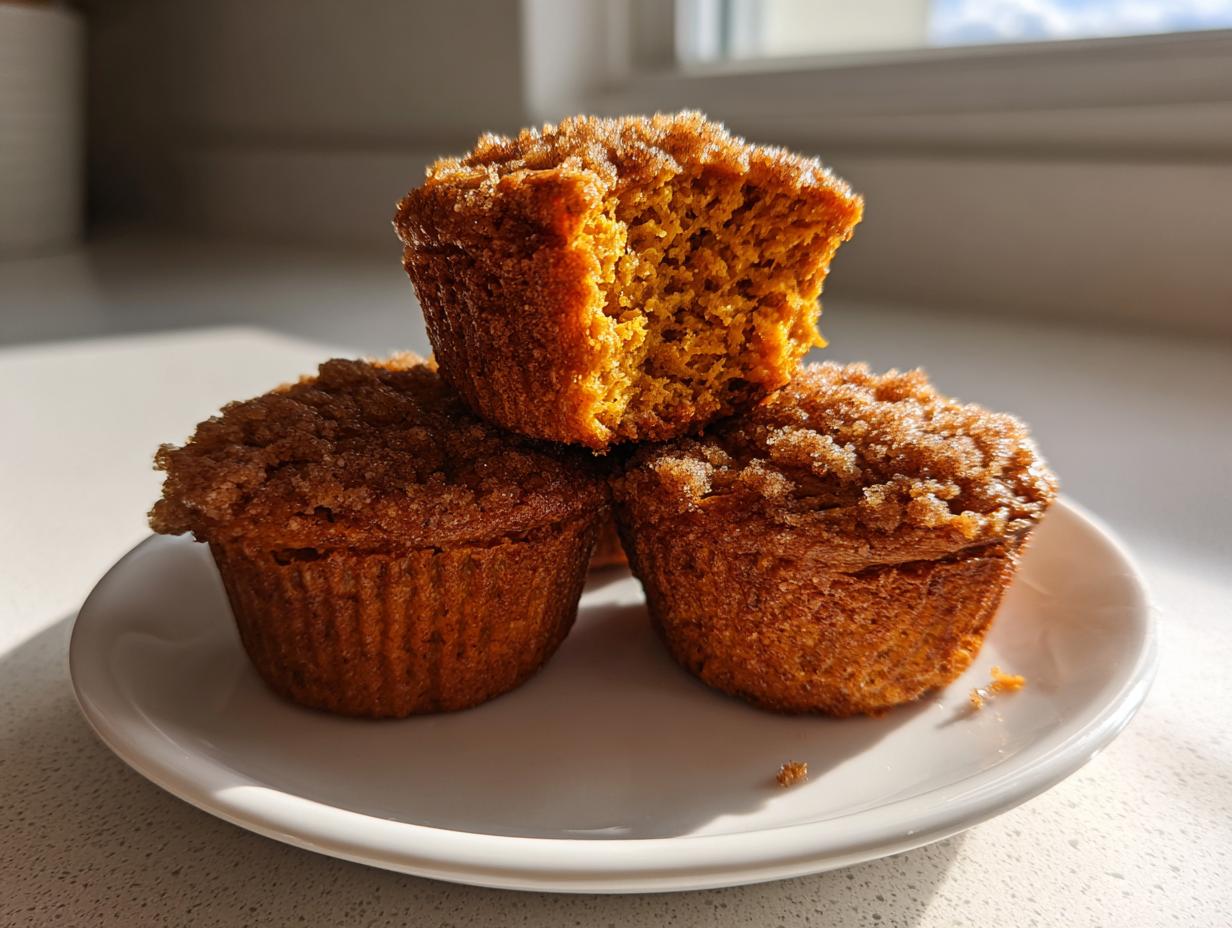 Three homemade sweet potato muffins stacked on a white plate, one broken open to show the moist interior.