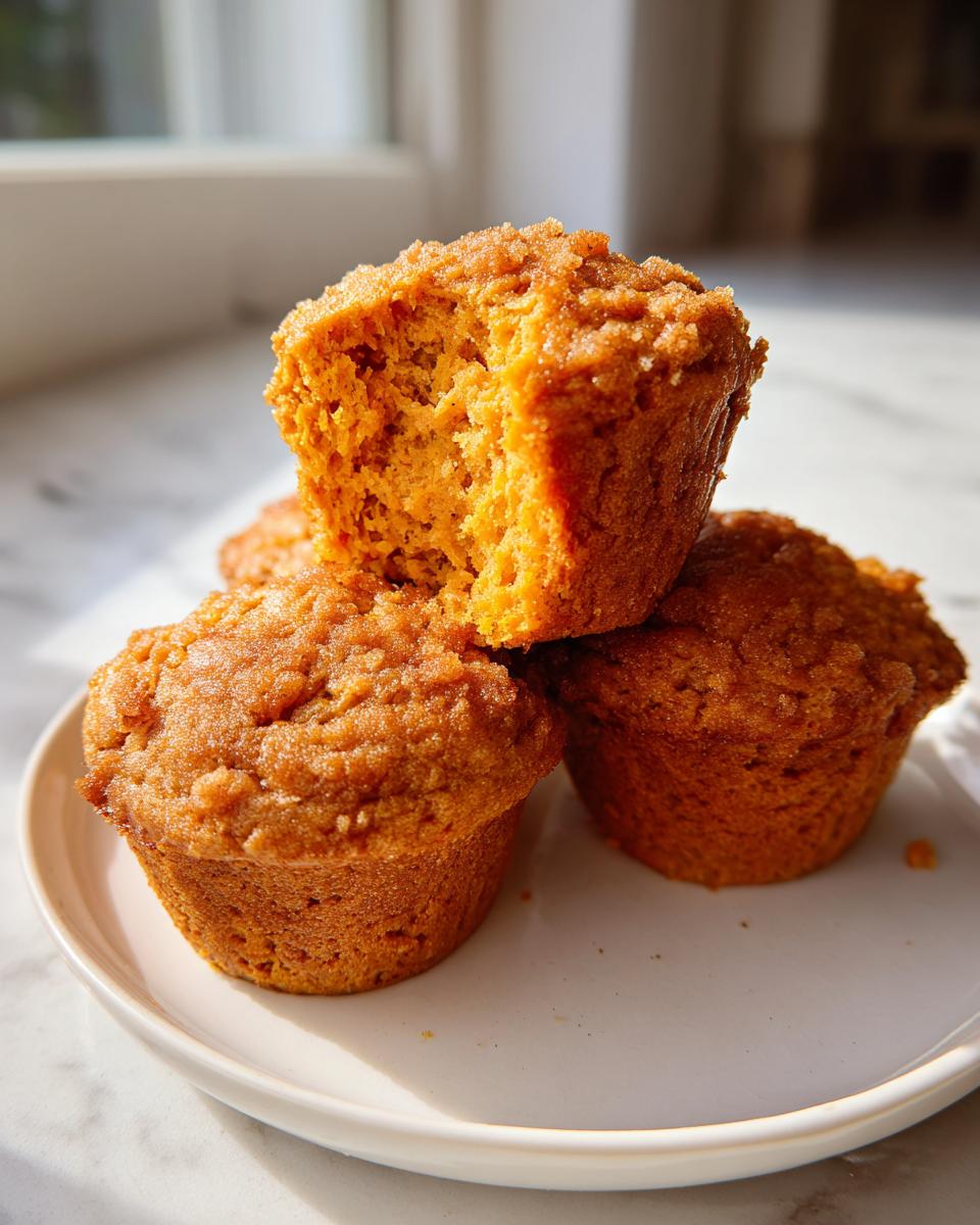 Close-up of three delicious sweet potato muffins stacked on a white plate, one broken open to show the moist orange interior.