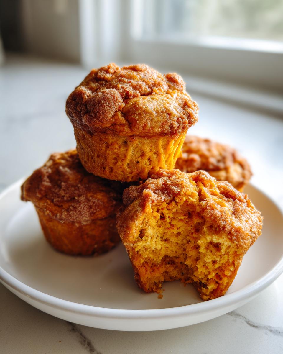 A stack of four moist sweet potato muffins, one with a bite taken out, showing the orange interior.