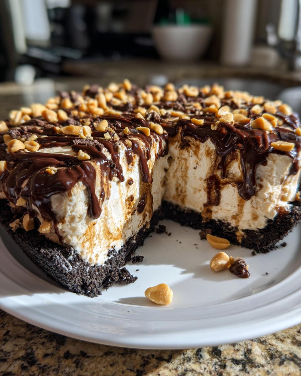 A slice removed from a rich, no-bake ice cream pie featuring a dark crust, creamy filling, chocolate drizzle, and chopped peanuts.