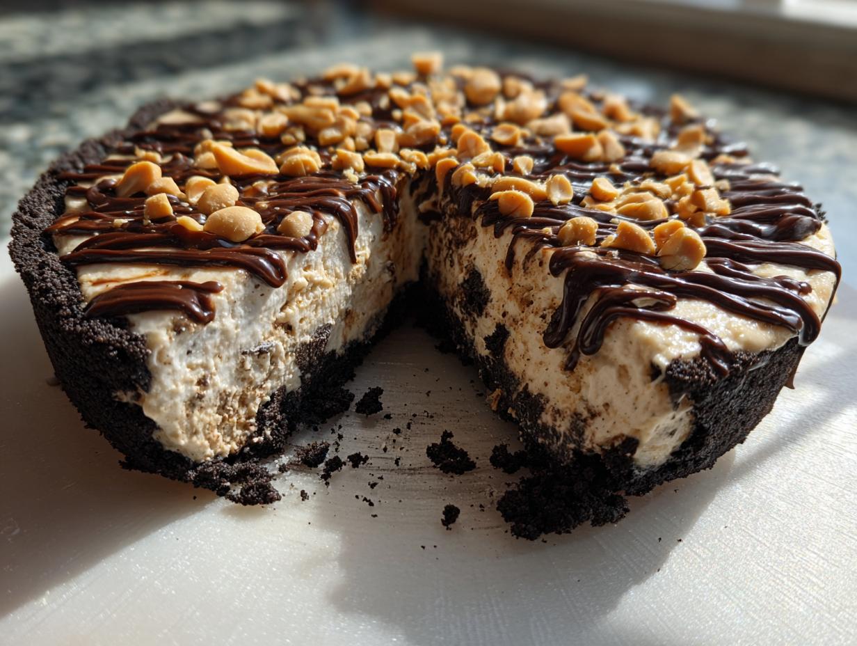 A cross-section view of a decadent no-bake ice cream pie with a dark crust, peanut butter filling, chocolate drizzle, and chopped peanuts.