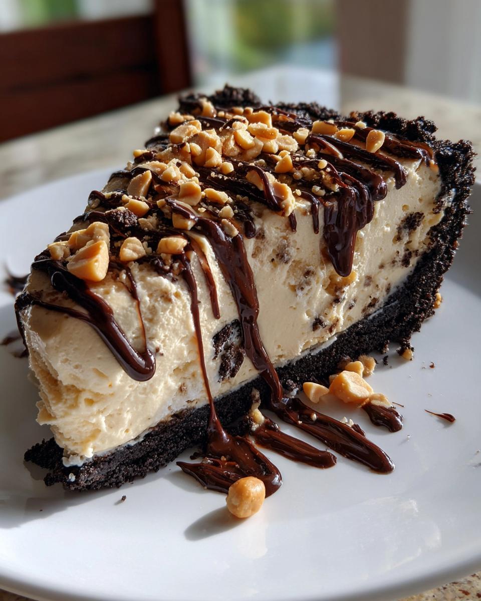 A decadent slice of no-bake ice cream pie with a dark crust, topped with chocolate syrup drizzle and chopped peanuts.
