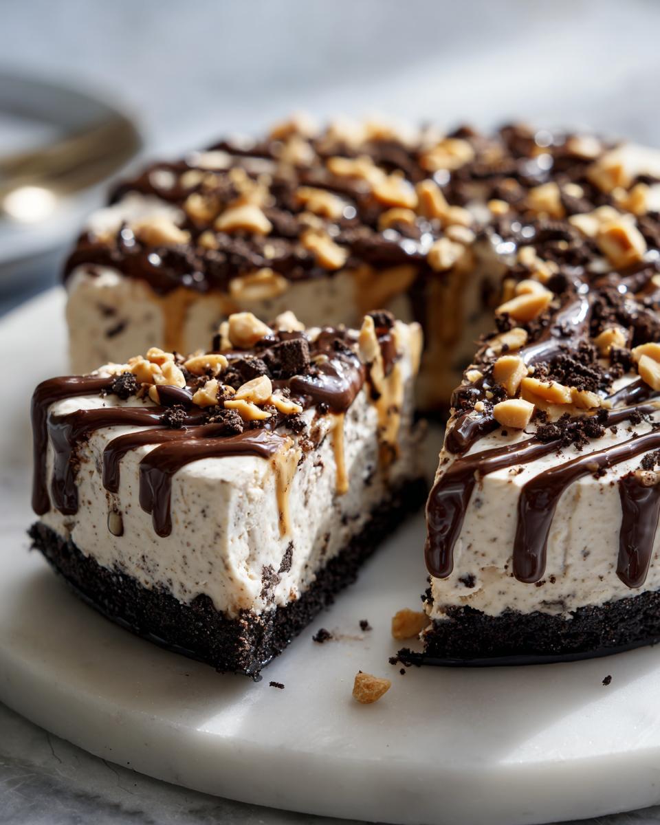 A slice cut from a decadent no-bake ice cream pie with a dark crust, topped with chocolate drizzle, peanuts, and cookie crumbs.