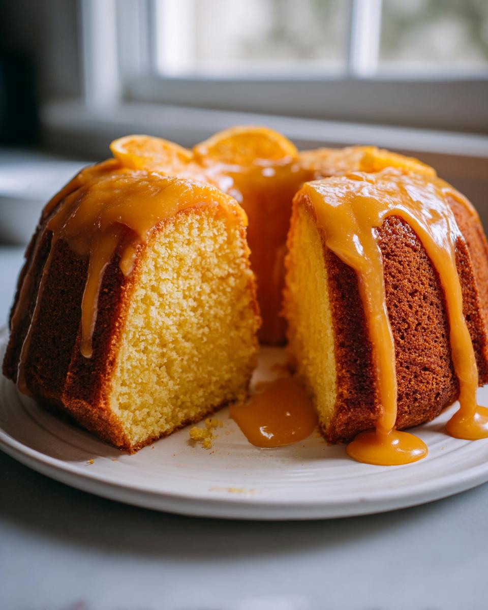 A slice cut from a bundt-style orange juice cake, drizzled heavily with orange glaze and topped with candied orange slices.