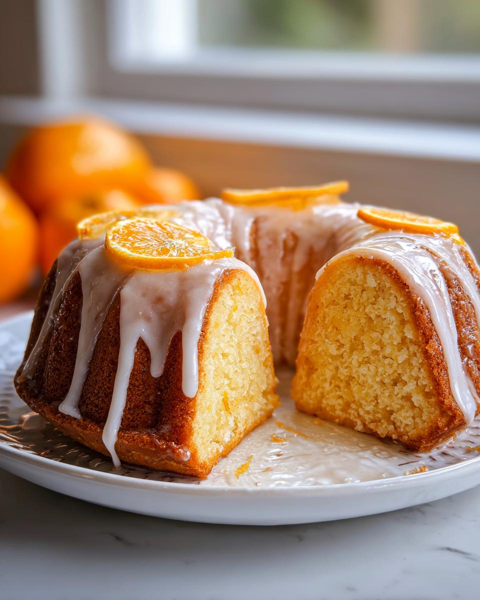 A slice cut from a bundt-style orange juice cake, topped with white glaze and candied orange slices.