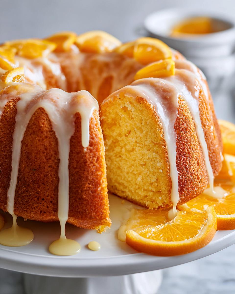 Close-up of a sliced orange juice cake with thick white glaze dripping down the sides and garnished with fresh orange slices.