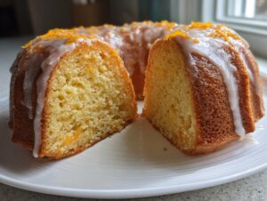 A close-up of a sliced orange juice cake drizzled with white icing and topped with orange zest.