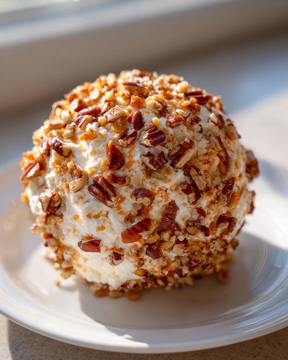 A perfectly shaped cheese ball recipe coated entirely in chopped pecans, sitting on a white plate near a window.