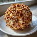 A beautiful, round cheese ball recipe coated entirely in chopped pecans, sitting on a white plate.