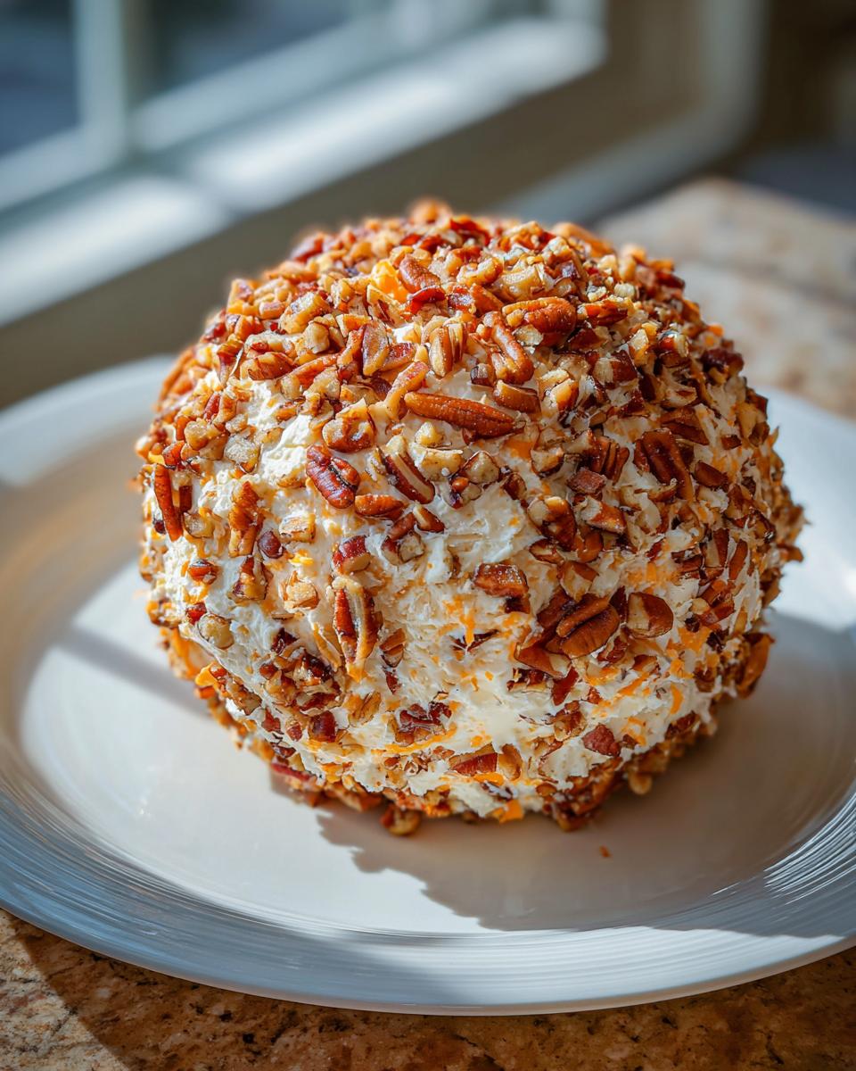 A beautifully formed cheese ball recipe coated entirely in chopped pecans, sitting on a white plate.
