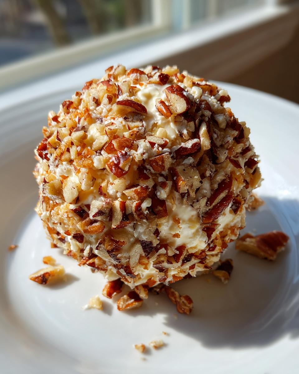 A close-up of a creamy cheese ball recipe coated entirely in chopped pecans, sitting on a white plate.
