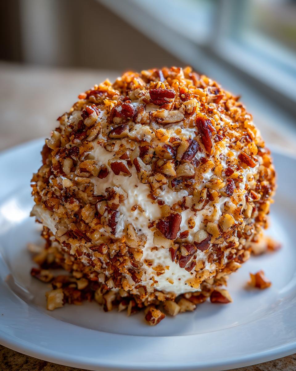 A perfectly shaped cheese ball recipe coated entirely in chopped, toasted pecans, sitting on a white plate.