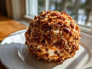 A perfectly formed cheese ball recipe coated entirely in chopped pecans, sitting on a white plate in bright sunlight.