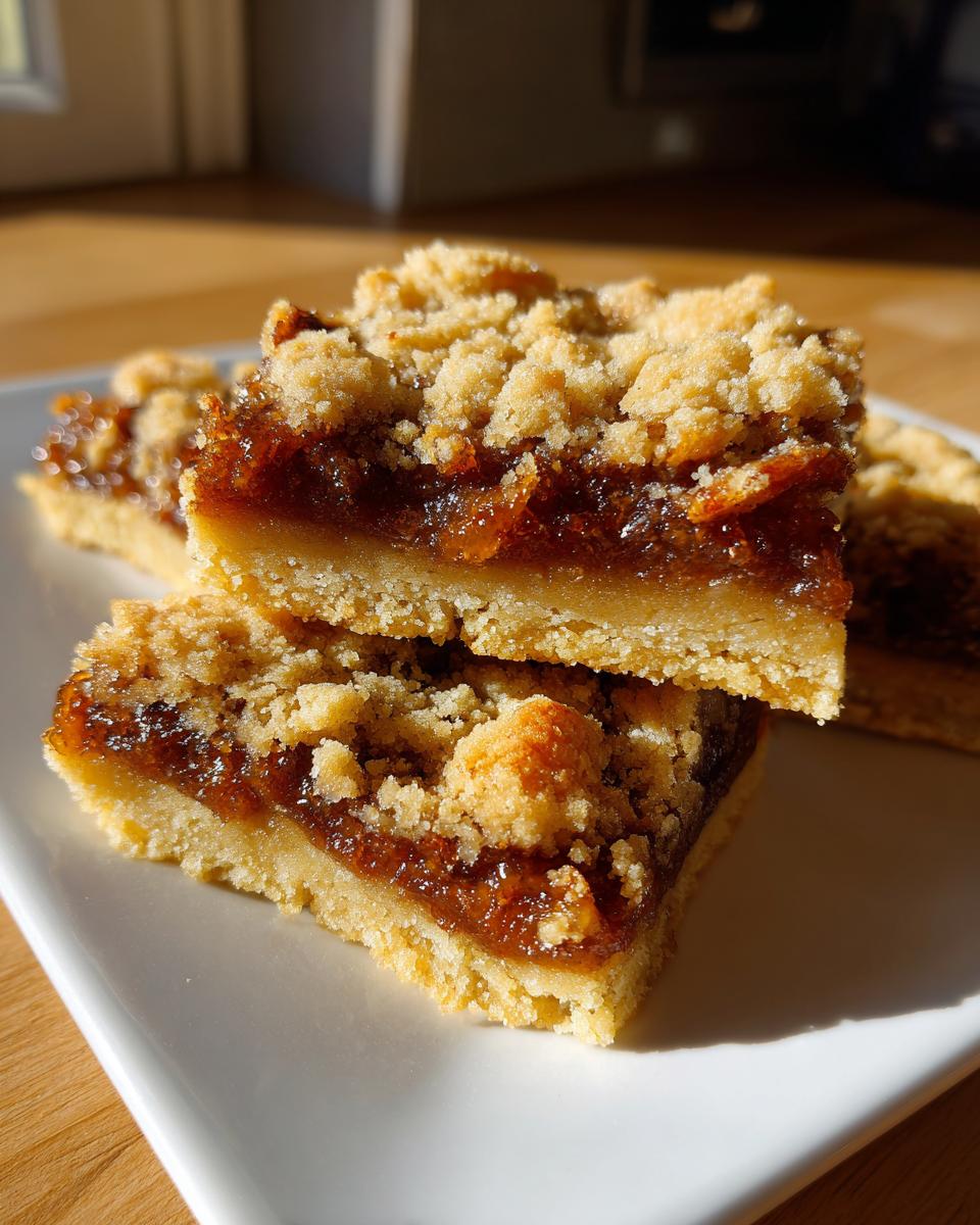 Two stacked, golden pecan pie bars showing a shortbread crust, gooey filling, and crumb topping, served on a white plate.