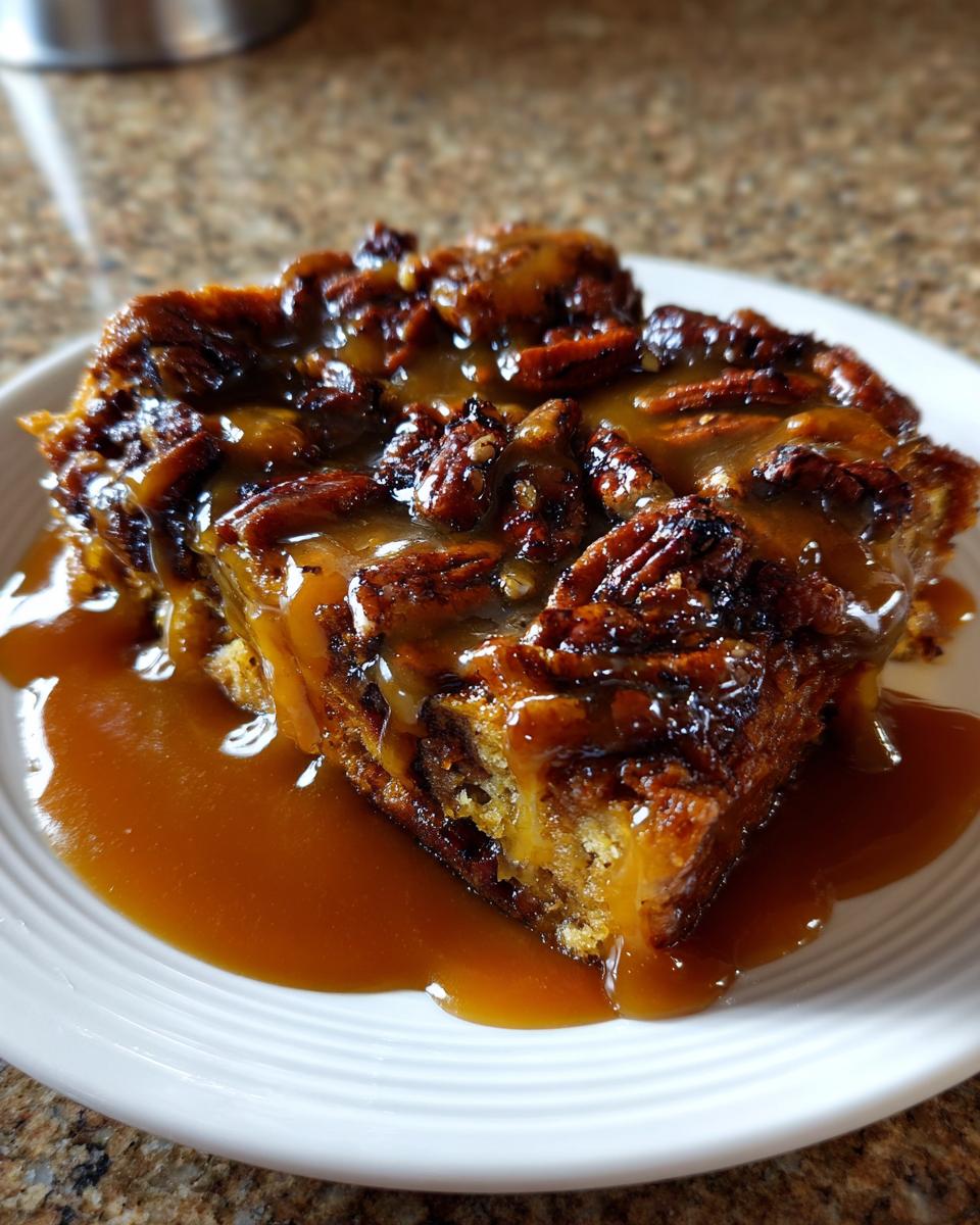 A decadent slice of pecan pie bread pudding generously topped with sticky caramel sauce and whole pecans.