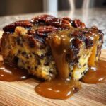 A close-up of a serving of pecan pie bread pudding drenched in thick caramel sauce and topped with glazed pecans.