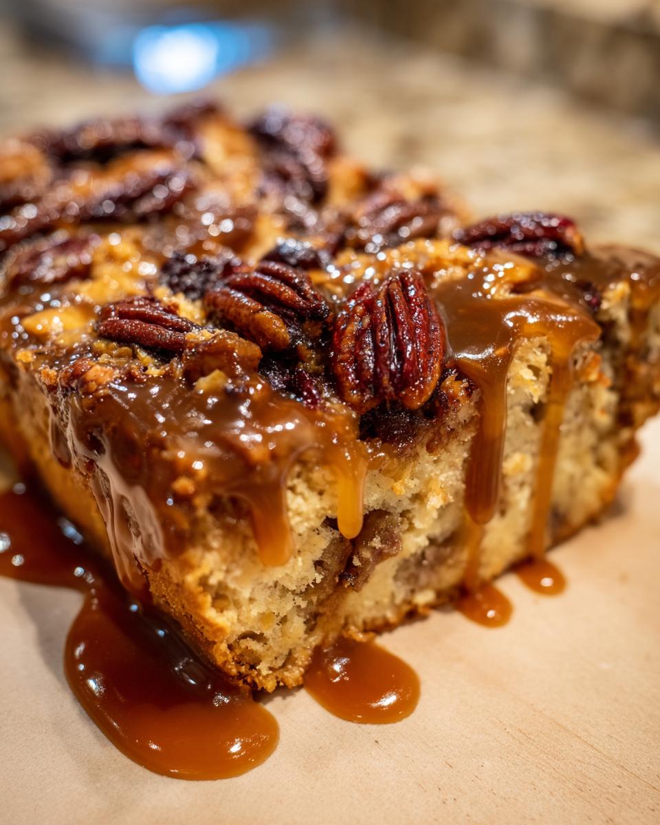 Close-up of a moist slice of pecan pie bread pudding heavily drizzled with rich caramel sauce.