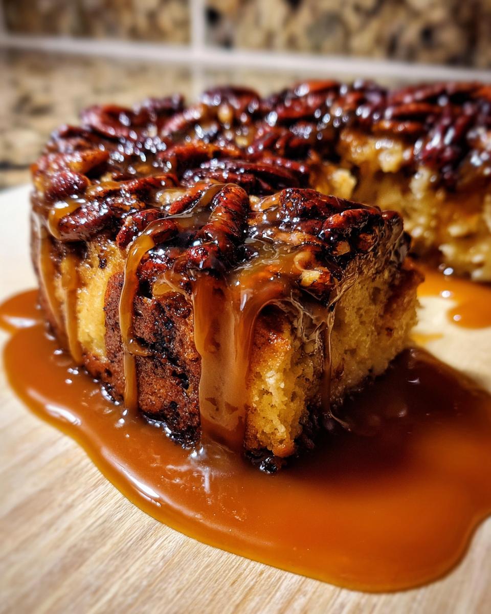 Close-up of a slice of pecan pie bread pudding generously covered in dripping caramel sauce.