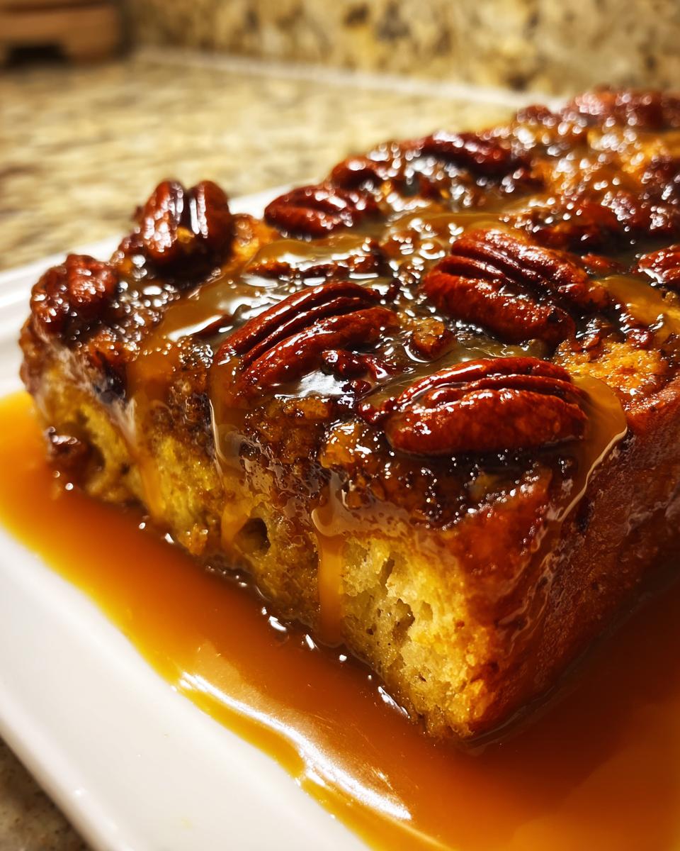Close-up of a slice of pecan pie bread pudding drenched in sticky caramel sauce and topped with whole pecans.