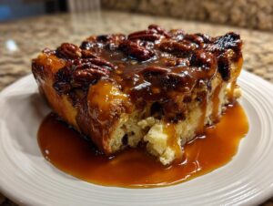 A close-up of a square serving of pecan pie bread pudding drenched in rich caramel sauce, topped with whole pecans.