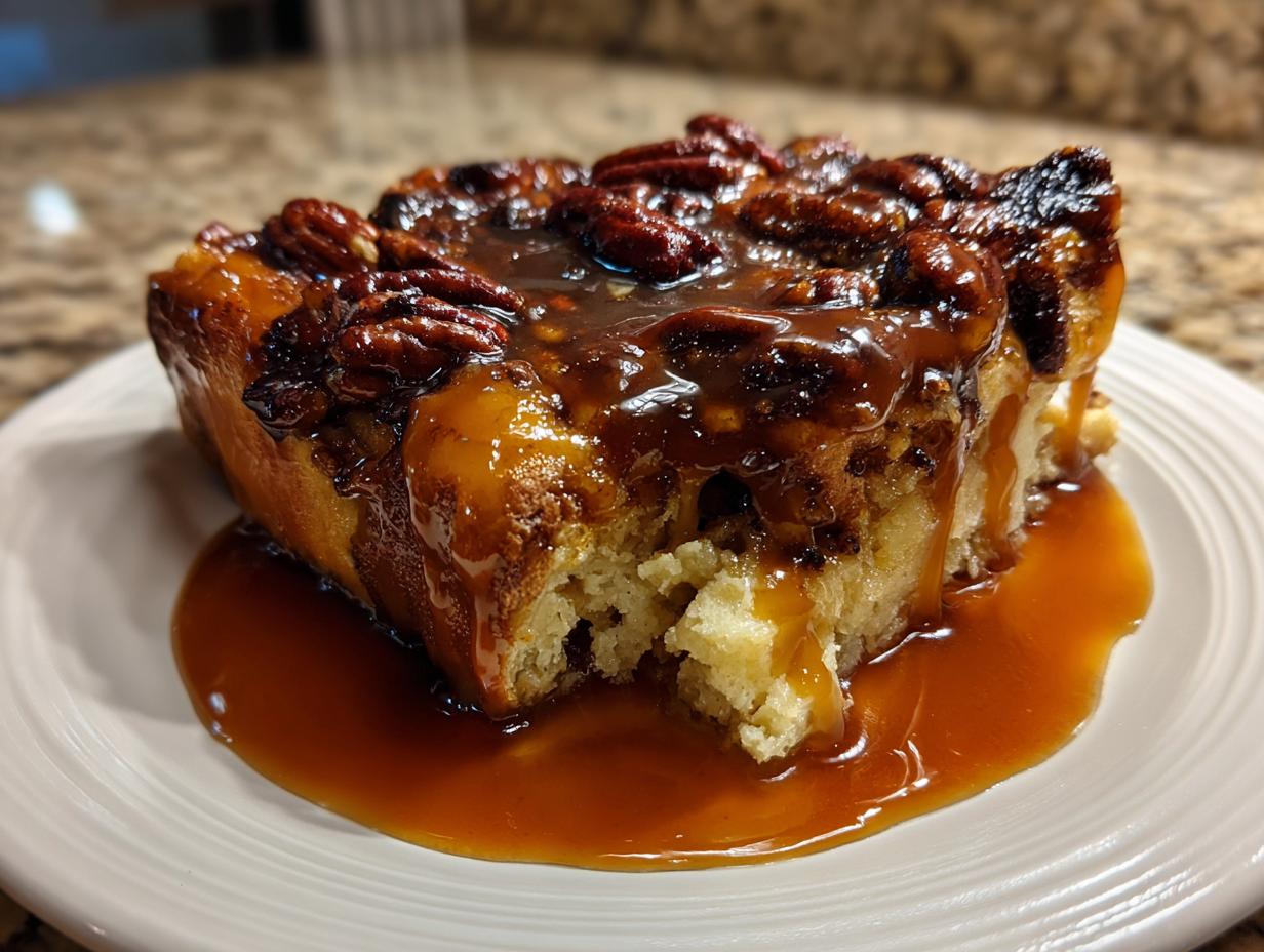 A close-up of a square serving of pecan pie bread pudding drenched in rich caramel sauce, topped with whole pecans.