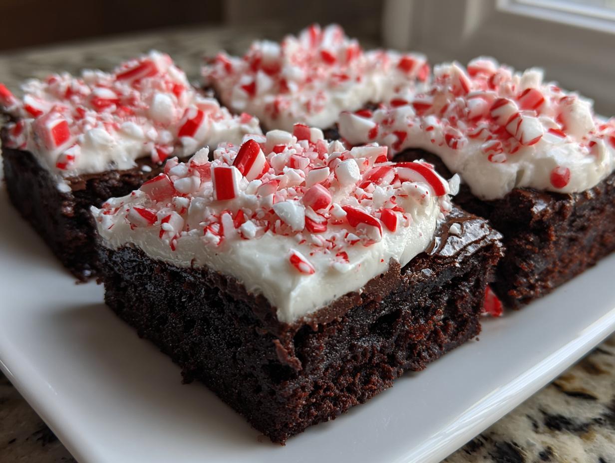 Close-up of rich chocolate peppermint brownies topped with white frosting and crushed candy canes.