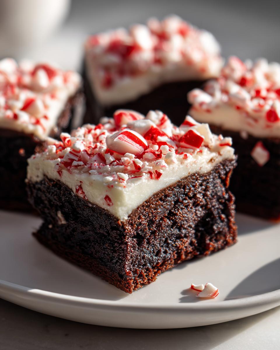 A rich, fudgy square of peppermint brownies topped with white frosting and crushed candy canes.