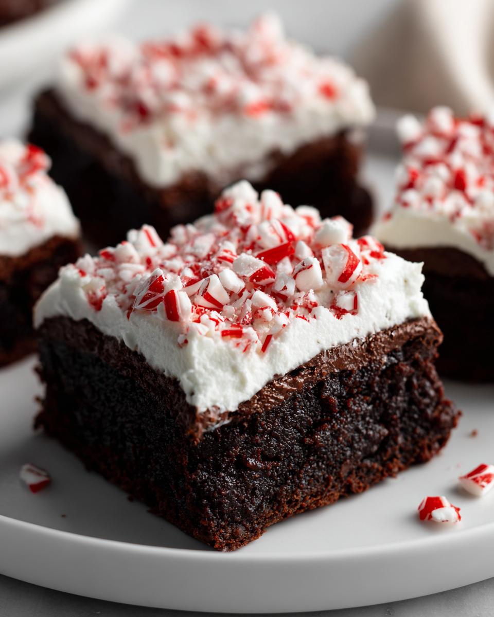 A close-up of a rich, fudgy peppermint brownie topped with thick white frosting and crushed candy canes.