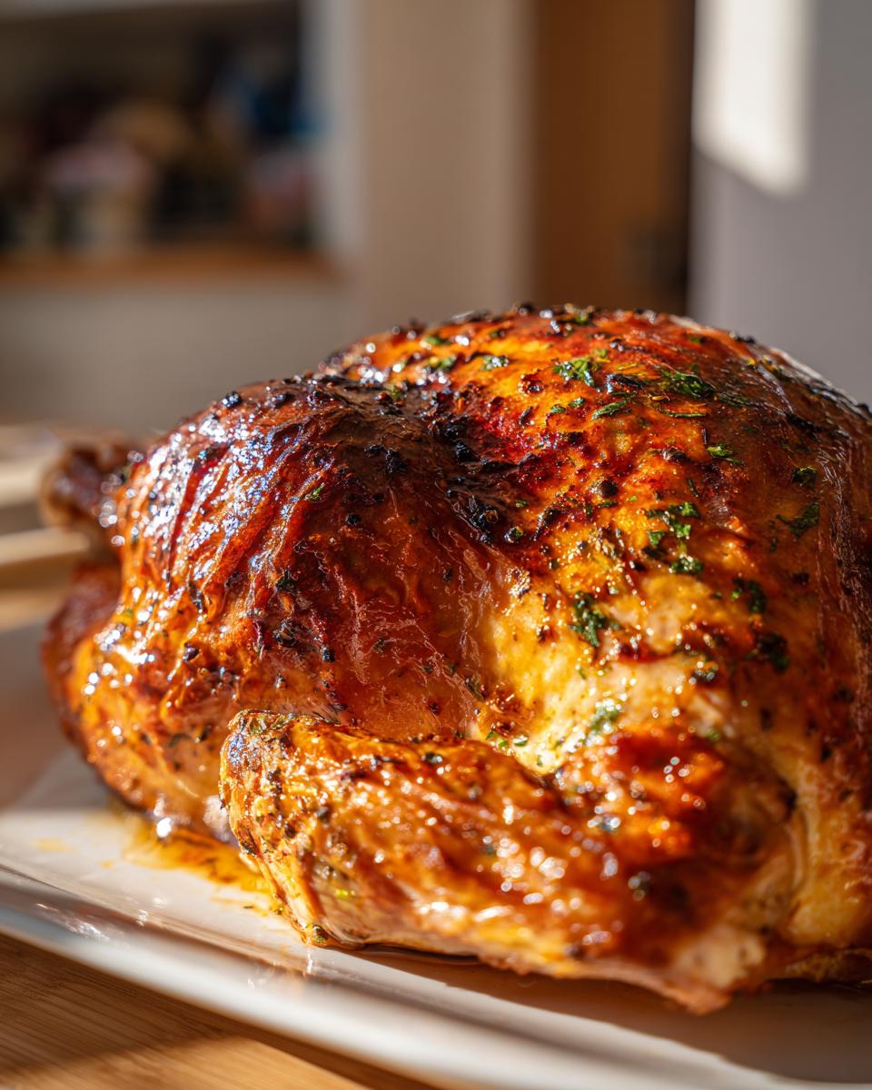 Close-up of a whole roasted turkey with deeply browned, glossy skin seasoned with herbs, ready to serve.