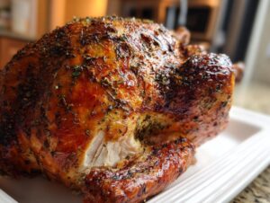 Close-up of a whole roasted turkey with crispy, herb-rubbed skin, showing juicy white meat exposed.