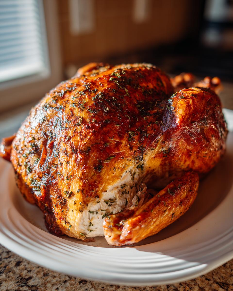 A whole roasted turkey with deeply browned, herb-crusted skin resting on a white platter, showing juicy white meat inside.