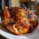 A whole roasted turkey with deeply browned, herb-crusted skin resting on a white platter.