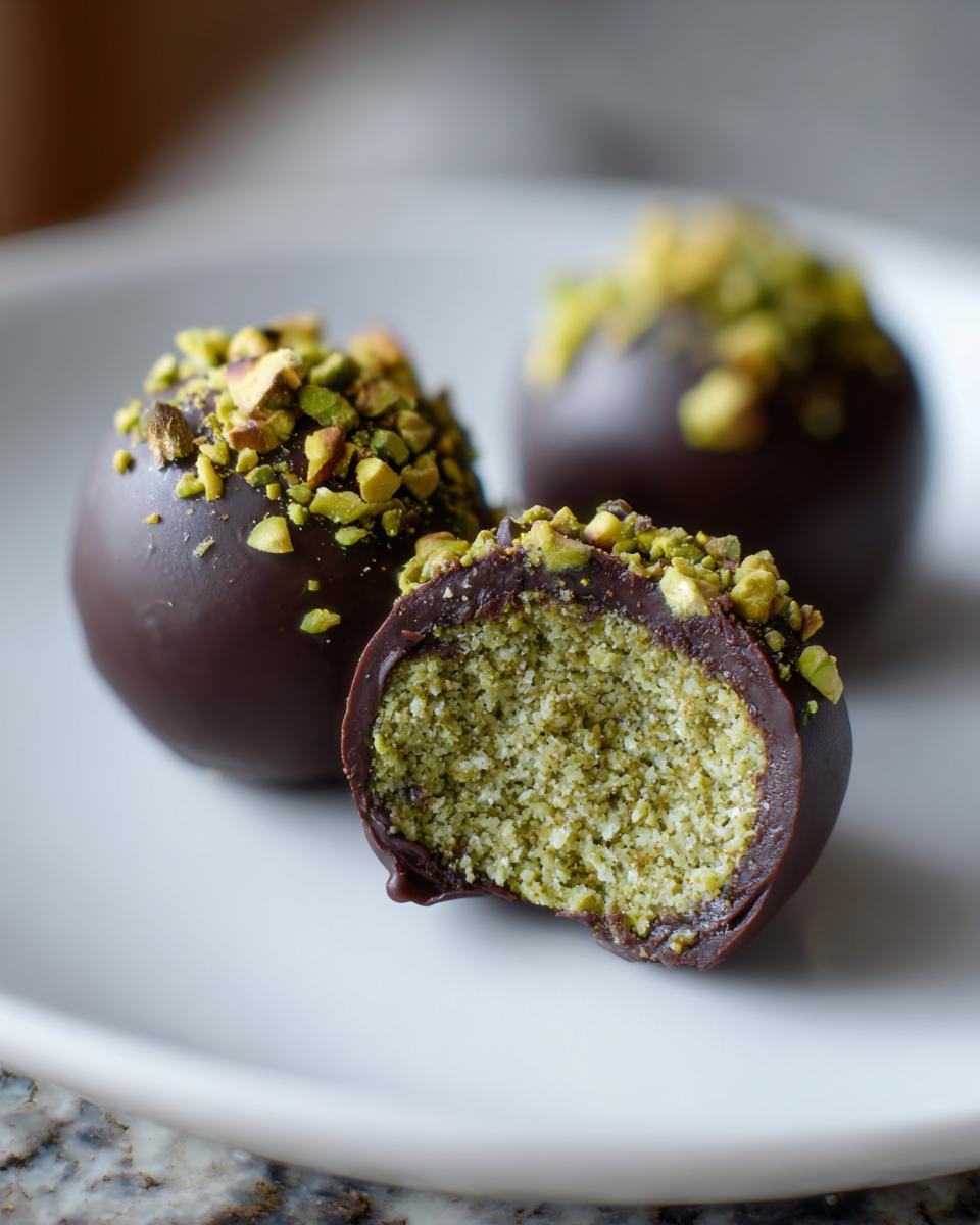 Close-up of rich chocolate-coated dubai chocolate balls topped with chopped pistachios, one is cut open showing the green filling.