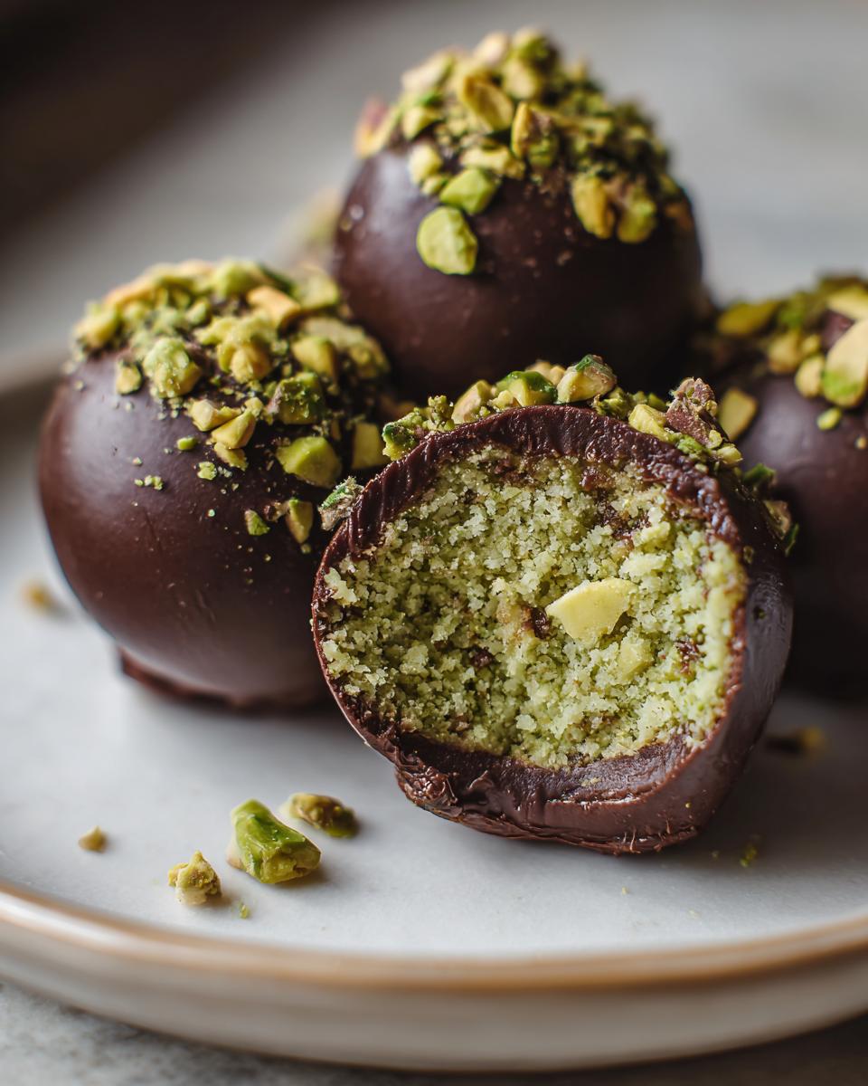 A close-up of several rich, dark chocolate-coated dubai chocolate balls topped with chopped pistachios, one is cut open revealing a green pistachio filling.