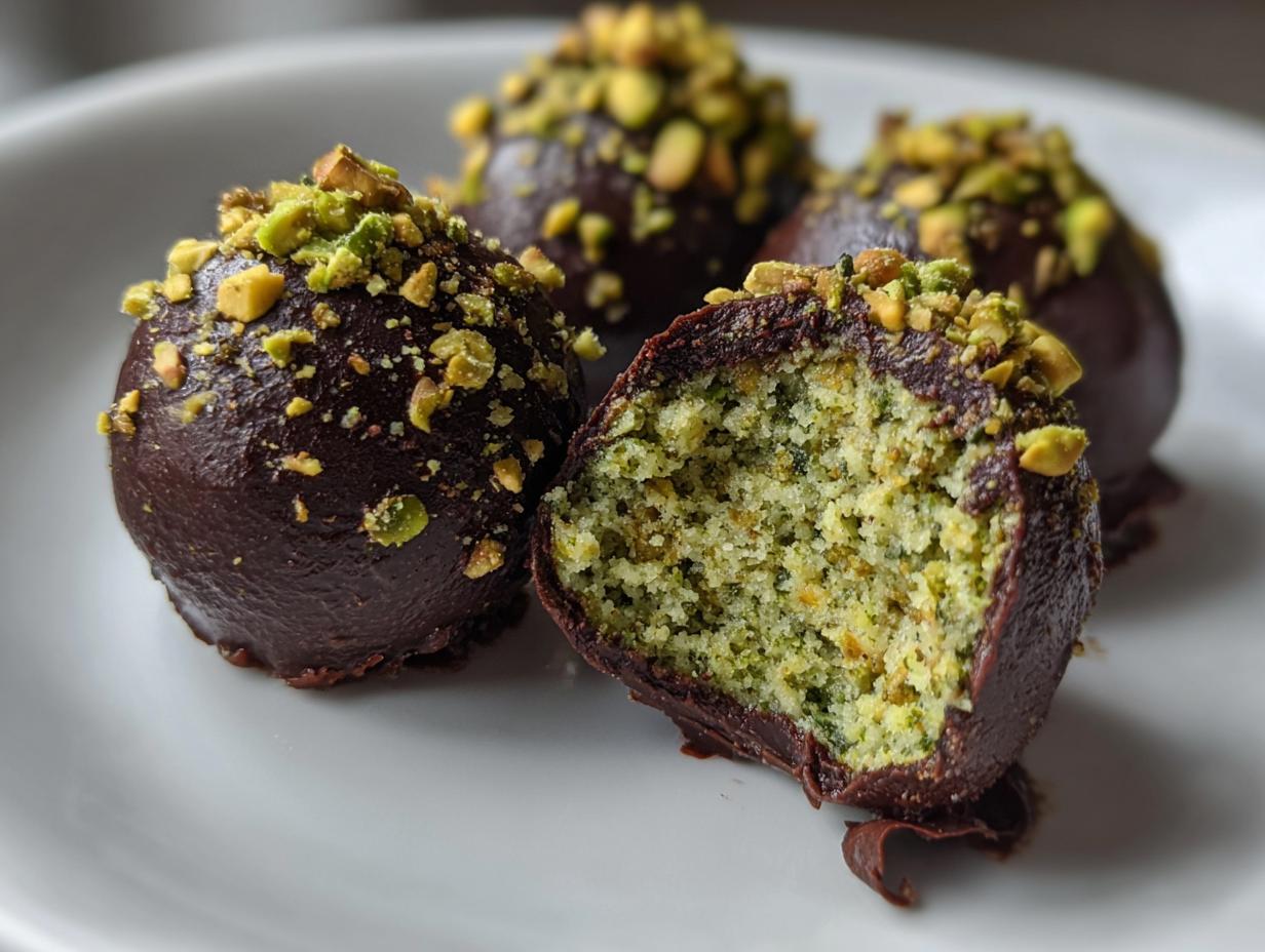 Close-up of rich dark chocolate dubai chocolate balls topped with crushed pistachios, one is cut open showing the green pistachio center.