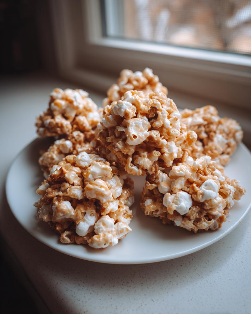 A plate holding several mounds of sticky, sweet avalanche cookies made with popcorn and marshmallows.